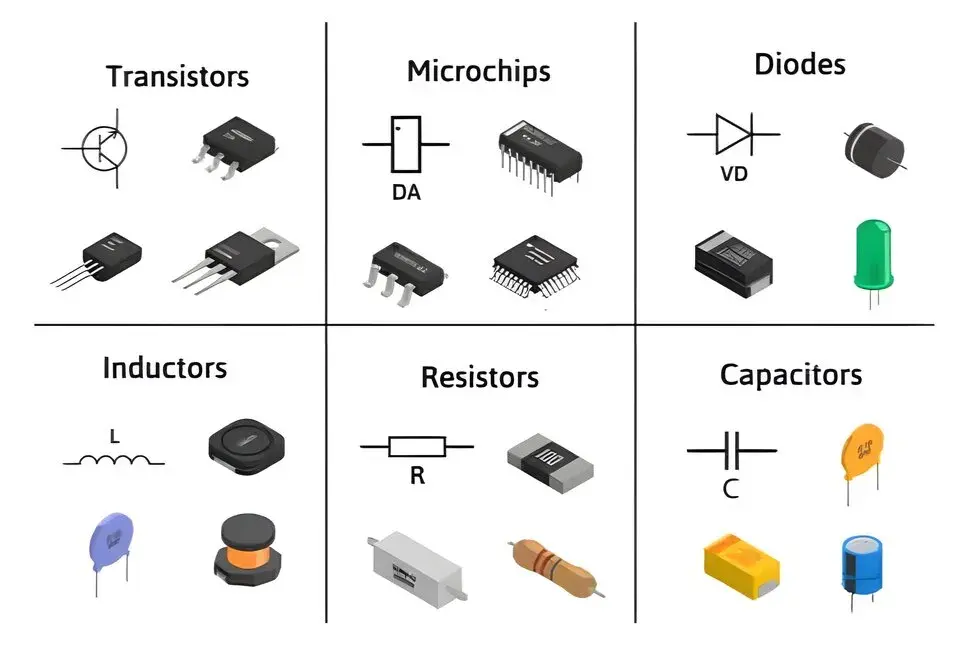 Passive and active electronic components including resistors, capacitors, and transistors