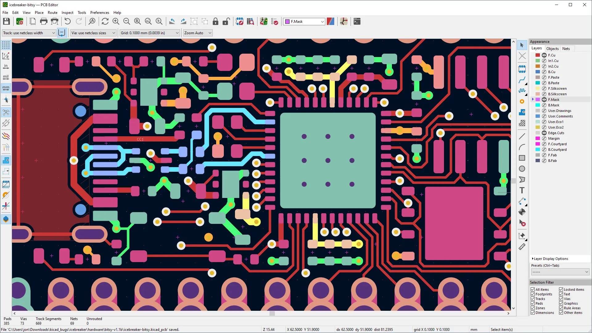 KiCad open-source PCB layout editor with routed board design
